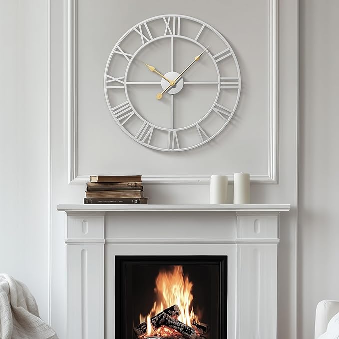 Cuspin Silver Wall Clock for Living Room Decor, 24 Inch Large Metal Wall Clock Modern Luxury Roman Numeral Analog Battery-Operated Round Decorative Clocks for Bedroom, Kitchen, Office