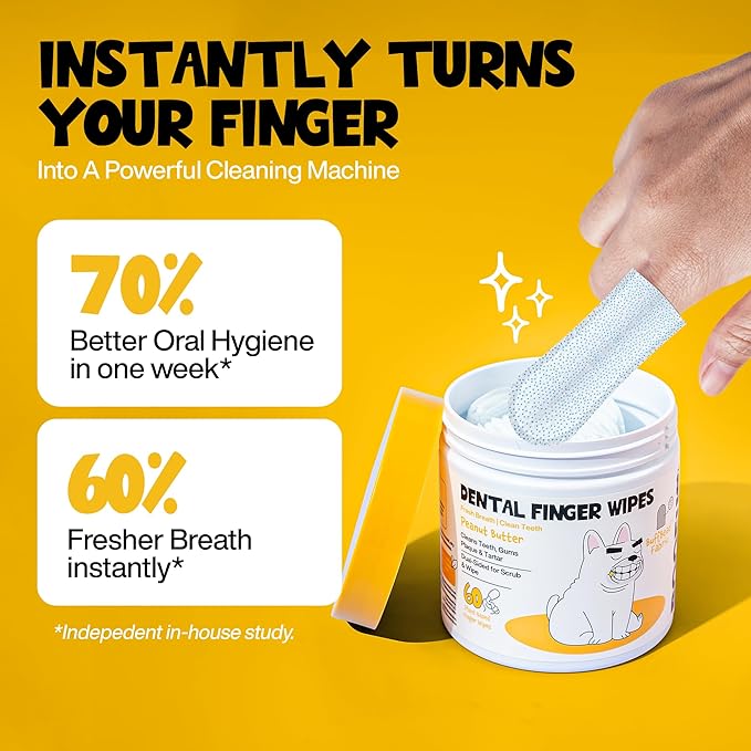 Dog Teeth Cleaning Wipes 60 Packs - Peanut Butter Dental Wipes to Reduce Plaque & Tartar for Dogs & Cats - Pet Dental Wipes for Oral Freshness