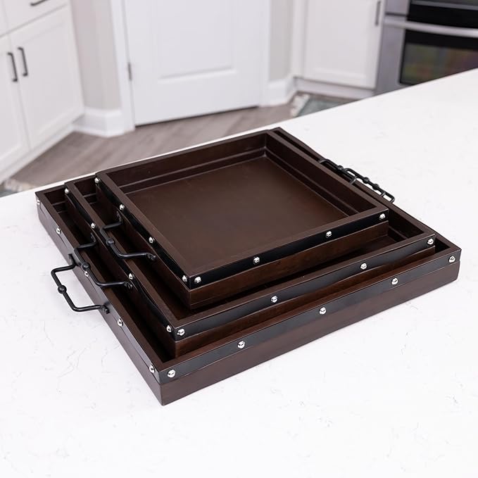 24"x24" Extra Large Square Ottoman Tray, Heavy Duty Mango Wood, for Serving Tea, Breakfast in Bed, Living Room Large Coffee Table Tray Rustic with Farmhouse Style, Decorative Handles and Accent Strap