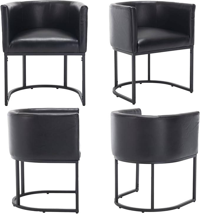 Faux Leather Dining Chairs Set of 2 Modern Barrel Arm Chairs with Black Metal Frame, Upholstered Kitchen Chairs 18.5" Wide Accent Chair for Living Room Dining Room Restaurant, Black