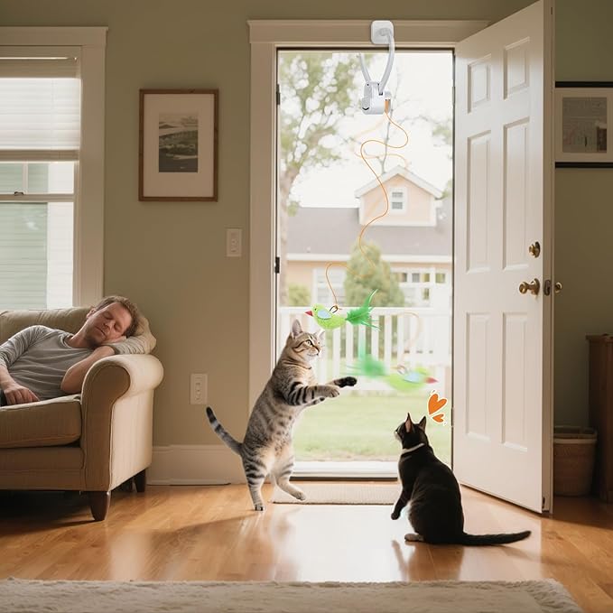 Interactive Cat Toys for Indoor Cats Automatic Electric Flying Bird Feather Wand Toy - Best Kitten & Adult Cat Enrichment Toy Hanging Electric Kitty Toys for Bored Cats