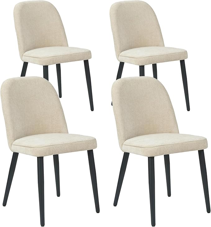 Upholstered Dining Chairs Set of 4, Mid Century Modern Fabric Dining Room Chair High-Back Padded Kitchen Chairs with Padded Seat and Metal Legs for Kitchen Dining Room Restaurant Cafe, Beige