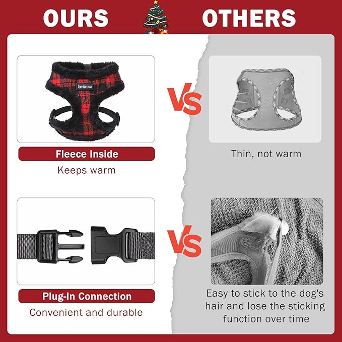 SCENEREAL Small Dog Harness Collar and Leash Set, Warm Fleece No Pull Puppy Vest Harness, Christmas Dog Outfit No Chock Adjustible Step in Pet Halter for Outdoor Walking Training, Red Plaid S