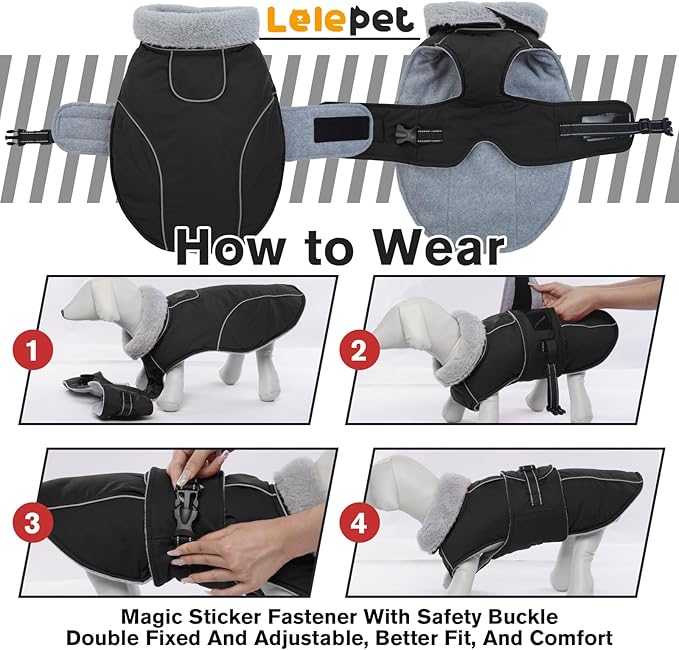 Lelepet Warm Dog Coat Reflective Dog Fleece Vest Waterproof Jacket Windproof Winter Cold Weather Coats with Adjustable Buckle Jackets for Extra Large Dogs, Black, XXXL