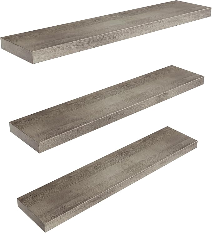 Colima Floating Shelves for Grey Wood Shelf for Bedroom, 36 Inch Wall Mounted Floating Shelves for Bathroom Living Room Kitchen Office, 1.5" Thick Floating Book Shelves for Wall, Set of 3