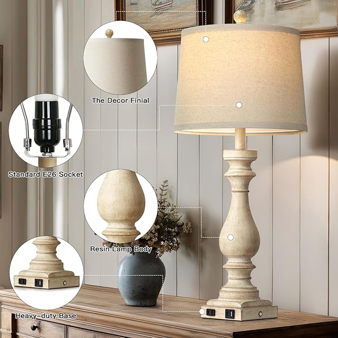 29" Tall Vintage Table Lamps Set of 2,Farmhouse Bedside Lamps with USB C+A Ports & AC Outlet,3-Way Dimmable Touch Lamp for Night Stands Living Room Bedroom,Beige