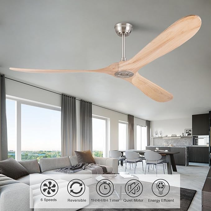 72 Inch Solid Wood Ceiling Fan with Remote,Outdoor Ceiling Fan no Light,6 Speeds,Noiseless,Reversible DC Motor,Modern Ceiling Fans without Lights for Bedroom Farmhouse Patios Study Brushed Nickel