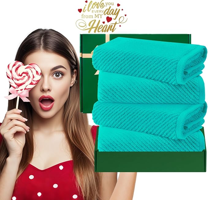 VOOVA & MOVAS Bathroom Hand Towels Set of 4, Large 18"x28" - 100% Cotton | Quick Dry | Light Weight | Thick | Soft | Absorption, Luxury Hand Towels for Showering, Turquoise Bathroom Decor