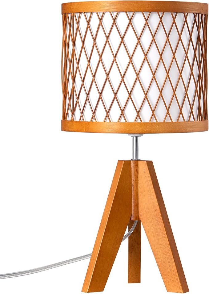EDISHINE Small Table Lamp, 14.17" Wood Tripod Bedside Lamp with Bamboo Lampshade & PVC Shade, ON-Off Switch & E26 Base, Boho Nightstand Lamp for Living Room, Bedroom