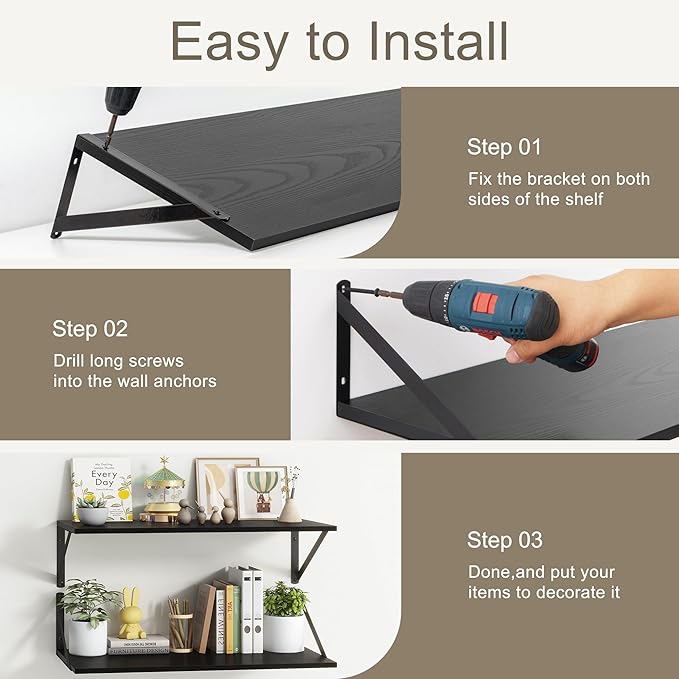 Fun Memories 40 Inch Floating Shelves, 12 Inch Deep Wall Shelf, 40 x 12 Floating Shelf Set of 2, Black Wood Floating Shelf Wall Mounted, Large Kitchen Living Room Bedroom Storage Shelves