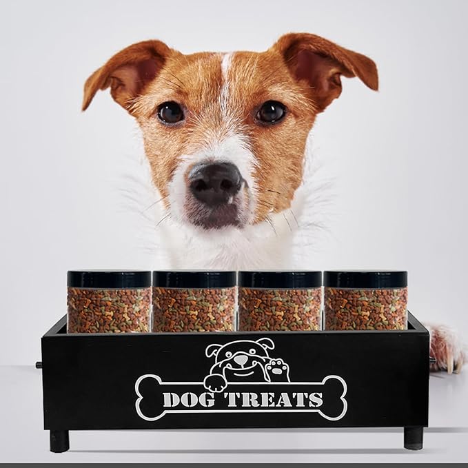 Large Dog Treats Container, Dog Cookie Jar for Dogs Cat Treats Container, Farmhouse Wood Pet Treats Storage Organizer for Dog Food Storage Container with 4 Jars, Cat Dog Treat Organizer