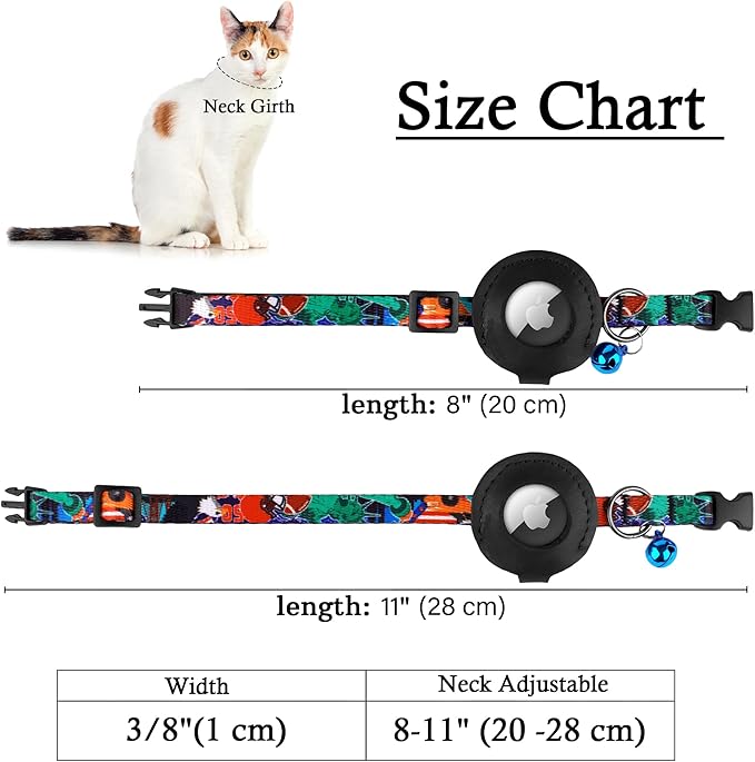 Airtag Cat Collar with Bell - Non Breakaway Soft Pet Collar with Leather Air Tag Holder - Adjustable GPS Anti-Lost Collars for Girl Boy Cats Kitten Puppies, Lightweight and Patterned (USA)