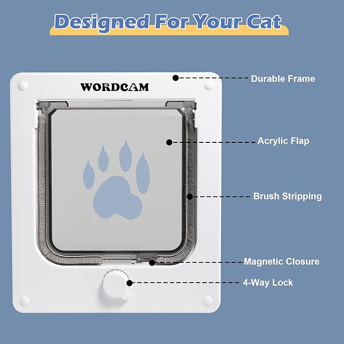 Wordcam Medium Cat Door Flap, 4 Way Locking Cat Door for Interior Exterior Doors, Pet Door for Cats Kitty Kittens Doggies, Robust, Weather-Resistant (White, M)
