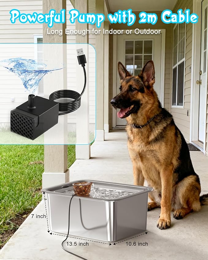 Dog Water Fountain for Large Dogs Stainless Steel 3 Gallon Big Pet Drinking Fountain with Filter, Electric Cat Watering Dispenser with Large-Filtration Area & Deeper Drinking Super Quiet