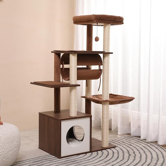52" Modern Cat Tree for Large Cats, Wooden Cat Tower with Fully Sisal Covered Scratching Posts, Luxury Cat Furniture with Spacious Perch, Super Large Hammock, Cozy Condo and Swing Tunnel Brown