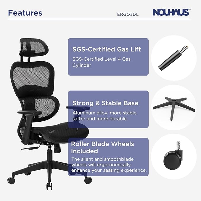 Nouhaus Ergo3dL Home Office Desk Chairs Ergonomic Office Chair High-Back Mesh Rolling Work Chairs with Wheels and Adjustable Headrests Comfortable Lumbar Support Adjustable Armrests