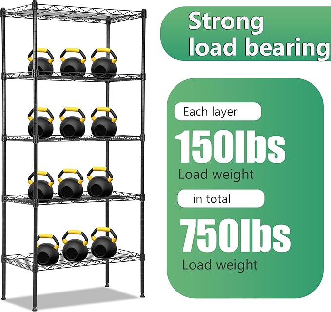 BestOffice | 5-Tier Wire Storage Shelves | 22x12x48 | Black | with Adjustable Racks | Heavy-Duty Metal Shelf, Holds Upto 750 lbs | No-Tool Assembly | Ideal for Home & Garage Shelving