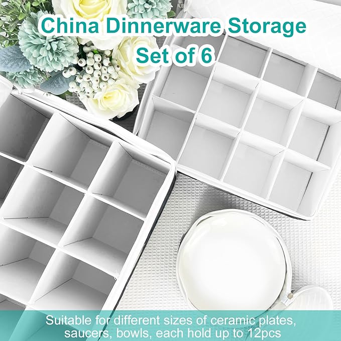 VERONLY China Dinnerware Storage Containers Set- Dish,Mug,Stemware Storage Cases - Quilted Box Bins Stackable with Divider,handles,Clear Window for Cups,Plates,Wine Glasses Moving Set of 6 (Black)