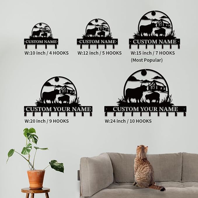 Personalized Highland Cow Metal Keys Hooks,Custom Name Metal Highland Cow Keys Hooks,Black Metal Highland Cow Wall Home Storage Decorative Keys Hooks,Key Holder Hooks for Wall (Style J)