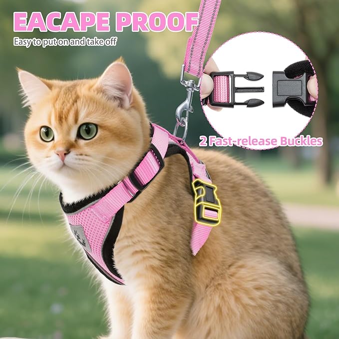 PUPTECK Cat Harness and Leash Set Escape Proof Reflective Cat Walking Harness Adjustable Soft Breathable Mesh Vest for Small Pets, Light Pink, L
