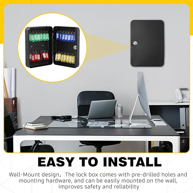 Ripeng 28 Keys Key Holder Wall Mount Steel Cabinet Security Lock Box with Tags and Hooks Key Organizer Wall Safe Storage for Car Office Hotel House Rental Business