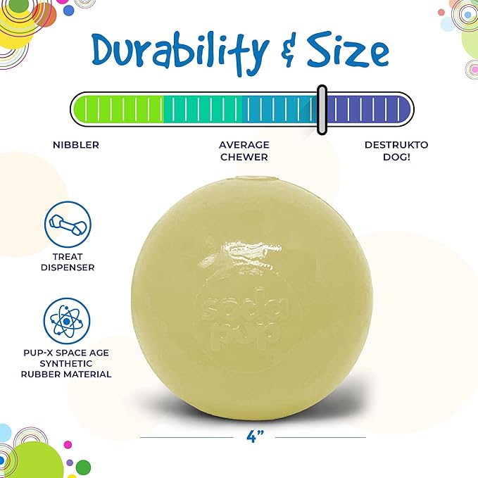 SodaPup Glow Ball – Durable Dog Treat Dispenser & Chew Toy Made in USA from Non-Toxic, Pet Safe, Food Safe Natural Rubber for Mental Stimulation, Problem Chewing, Calming Nerves & More