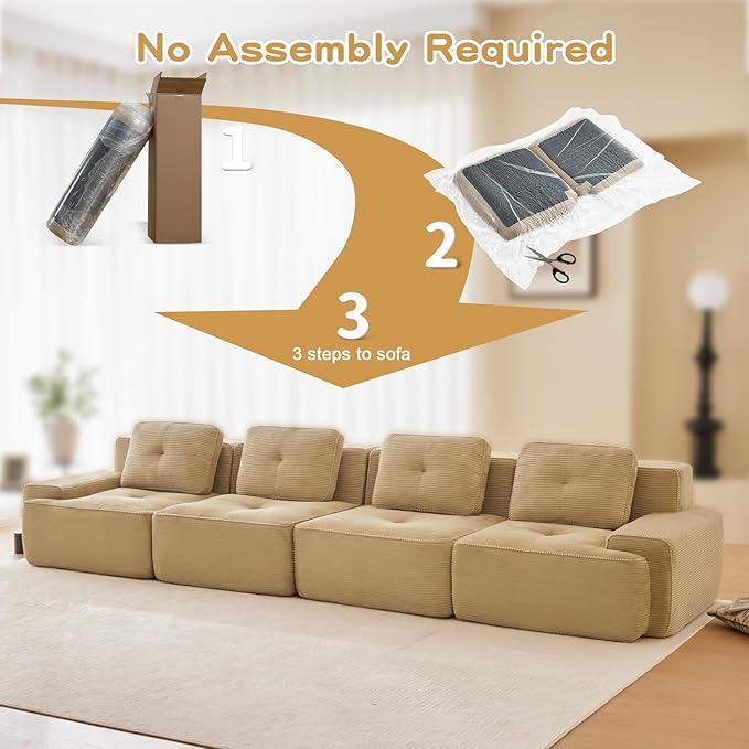 150" Modern Compressed Boneless Couch, 4 Seater Sectional Couches for Living Room, Camel Corduroy Cloud Modular Sectional Sofa, Comfy Memory Foam, Extra Deep, Sofas para Sala, No Assembly