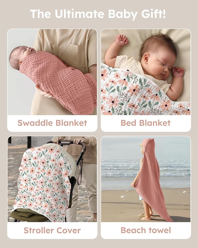 Yoofoss Hooded Baby Towels for Newborn 2 Pack 100% Muslin Organic Cotton Baby Bath Towel with Hood for Babies, Infant, Toddler and Kids, Large 32x32Inch, Soft and Absorbent Newborn Essential