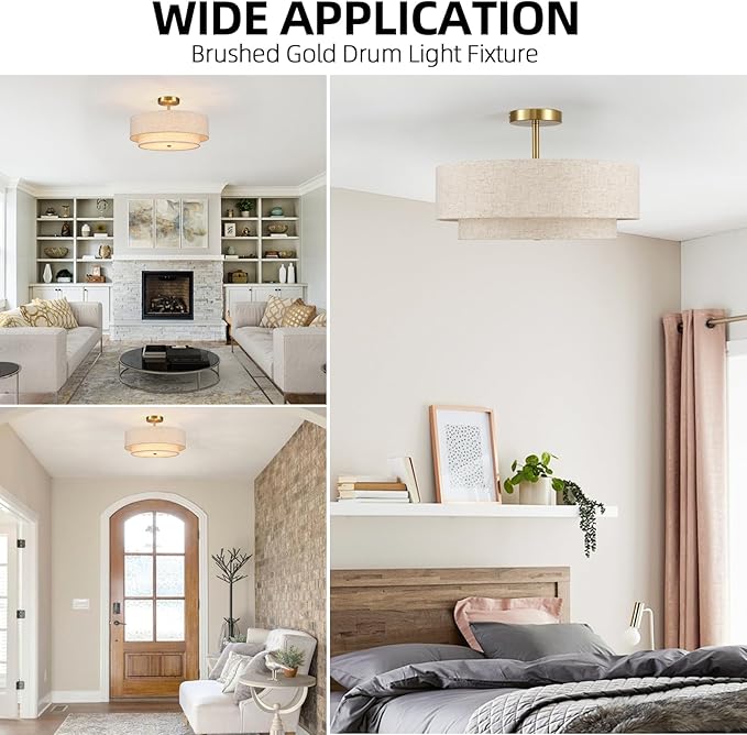 18" Semi Flush Mount Ceiling Light with Fabric Lampshade Modern Drum Ceiling Lamp Gold Ceiling Light Fixture for Dining Room Kitchen Bedroom Living Room