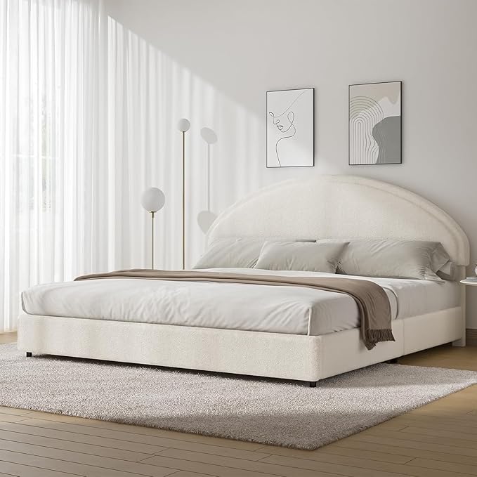 King Size Bed Frame with Round Headboard, Boucle Upholstered Bed with Round Headboard, Soft Arch Shaped Modern Style, No Box Spring Required, Easy Assembly, White