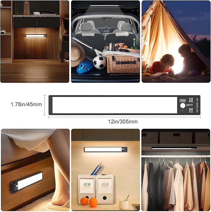 YELKO Under Cabine t Lights,12inch Rechargeable Motion Sensor Closet Light, 3200mAh Battery Operated Nightlights, Cordless Dimmable Motion Activated LED Lamp for Kitchen Wardrobe Cupboard