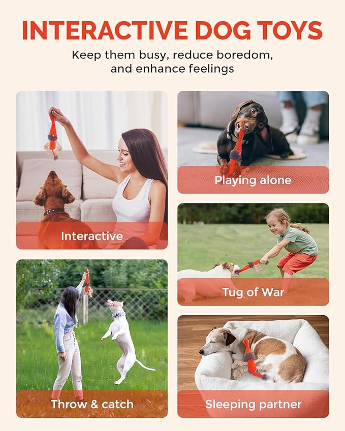 Squeaky Dog Toys for Medium Dogs - Durable Dog Toys for Aggressive Chewers to Keep Them Busy - Interactive Plush Chew Toy with Squeaker for Training Reward & Gift - Orange