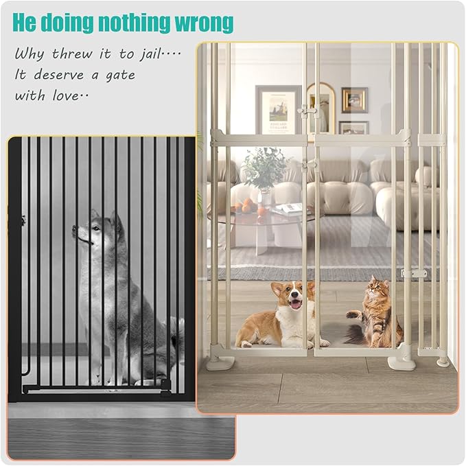 74" High Extra Tall Cat Gate,33.85-42" Wide Opening.Auto Closing and No Drilling Pressure Mount Design,Tall Dog Gates for Doorway, Stairs, House, Innovation Double Opening Pet Gate,Transparent,White