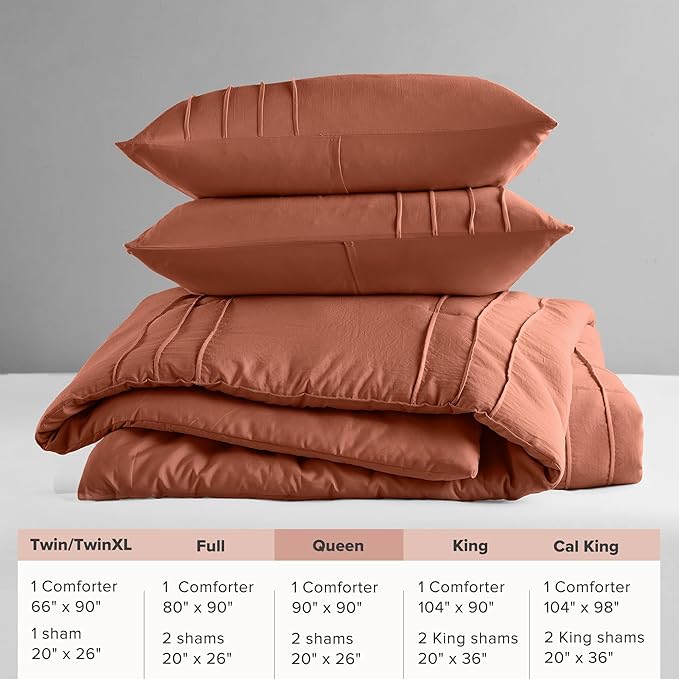 Comfort Spaces Clay Queen Size Comforter Set - 3 Pieces Pintuck Pleated Bedding Sets, All Season Lightweight, Extra Softness Pre-Washed Microfiber Queen Bed Set, Shams, Queen