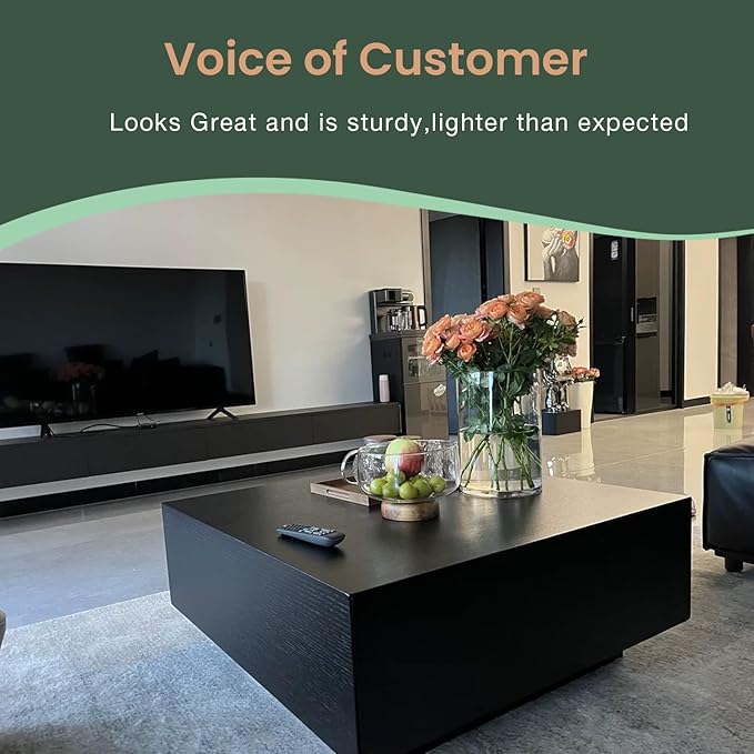 POVISON Modern Square Coffee Table with Drawers, 35.43" Wood Coffee Table for Living Room Home Office, Fully-Assembled Black