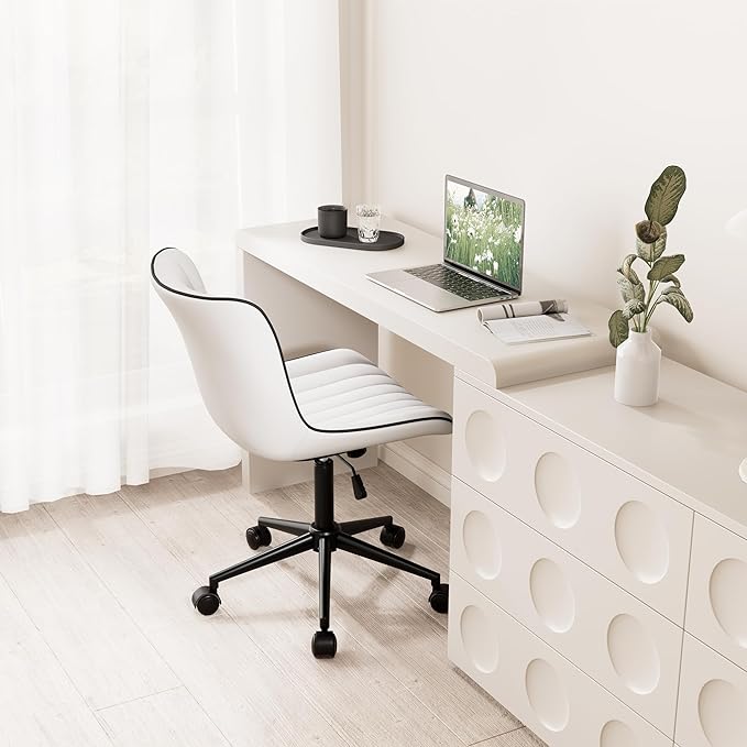 Kidol & Shellder White Leather Home Office Desk Chair with Wheels Modern Cute Armless Executive Swivel Vanity Chair with Comfy Padded Back Ergonomic Rolling Adjustable Computer Task Chair Small