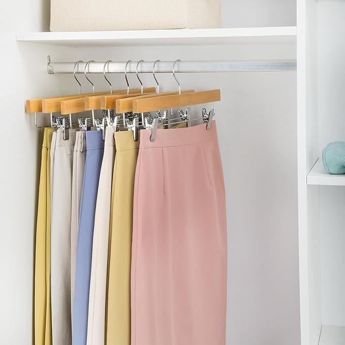 Nature Smile Deluxe Wooden Pants Hangers,Solid Lotus Wood Jeans Skirt Hanger with Clips Anti-Rust Hook Pack of 28(Natural)