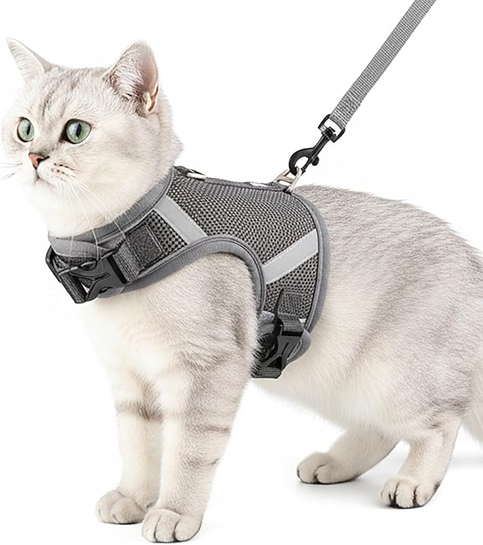 Cat Harness and Leash Escape Proof Kitten Harness Cat Leash for Walking Travel Service Cat Vest, Grey, X-Large