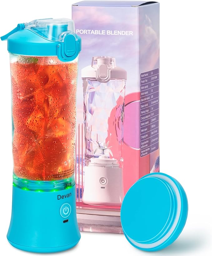 Portable Blender,270 Watt for Shakes and Smoothies Waterproof USB Rechargeable with 20 oz BPA Free and a Travel Lid. (Blue, 20 oz)