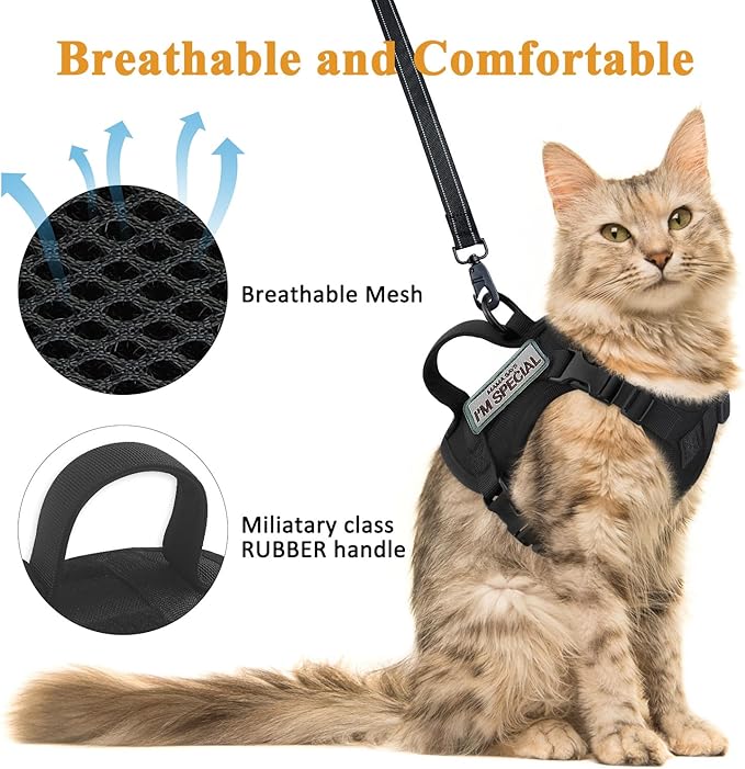 Tactical Cat Harness for Walking Escape Proof, Soft Mesh Adjustable Pet Vest Harness for Large Cat, Small Dog and Khaki (Black, Medium)