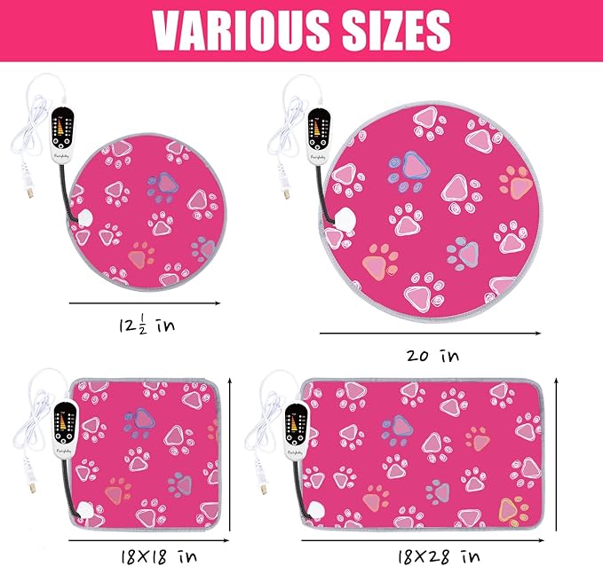 furrybaby Pet Heating Pad, Waterproof Dog Heating Pad Mat for Cat with Durable Anti-Bite Tube Indoor for Puppies Dogs Cats (1 Pack Pink, Round 12in, Temp Adjustable)