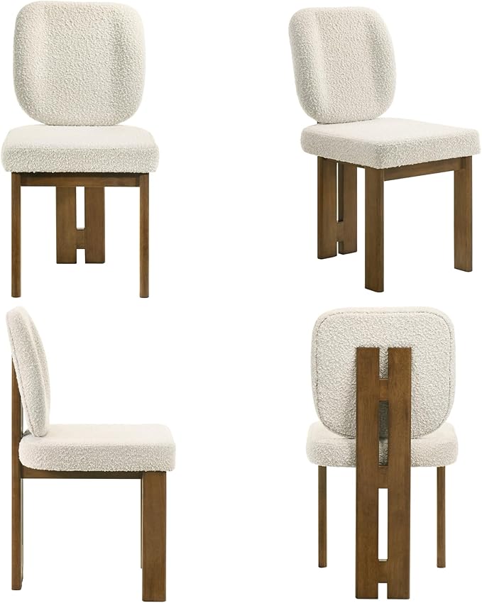 Modern Boucle Dining Chairs Set of 2, Farmhouse Sherpa Upholstered Wooden Kitchen Chairs with Back, Side Armless Dining Room Chairs with Walnut Wood Legs for Kitchen Restaurant, Beige