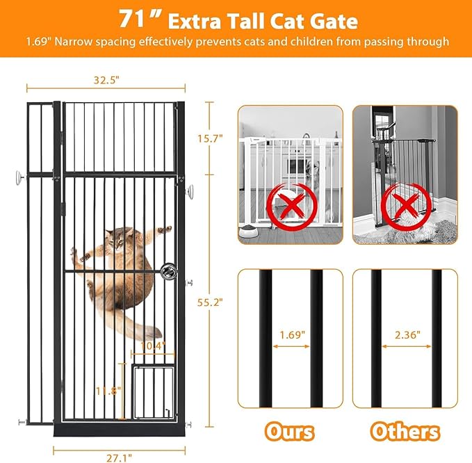 71" Extra Tall Pet Gate with Cat Door, 29-37.5" Extra Wide Full Door Cat Gate for Doorway, No Drill Pressure Mounted Gate for Cats, Pet Barrier Indoor, No Jumping Over for Stairs Hallway, Black