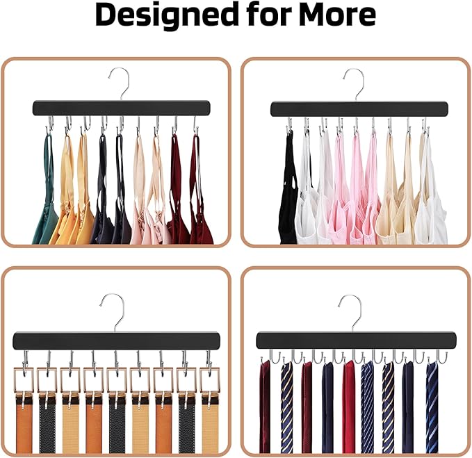 2 Pack Bra Hanger for Closet Organizer, Premium Wooden Tank Top Hangers with 36 Foldable Hooks, 360° Rotating Design, Space Saving Storage for Tank Tops, Bras, Scarves and More, Black