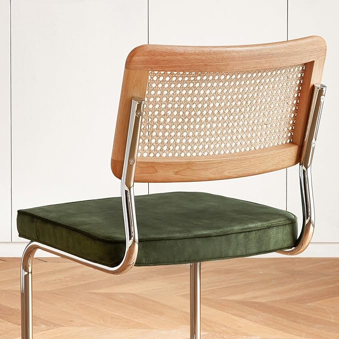 Green Rattan Dining Chairs Set of 2, Wooden Mid-Century Modern Kitchen Chairs, Mesh Back Cane Dining Room Chairs, Cesca Chair with Metal Chrome Legs