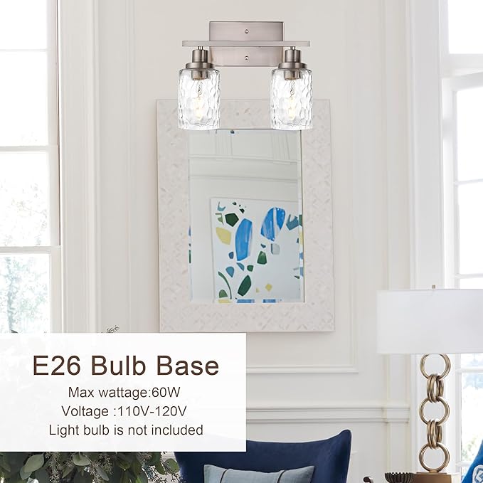 MELUCEE Indoor Wall Sconces Brushed Nickel with Clear Hammered Glass, 2-Light Modern Bathroom Vanity Light Wall Mount Lamp for Mirror Cabinets Powder Room Dressing Table (Patent No.: US D963914 S)