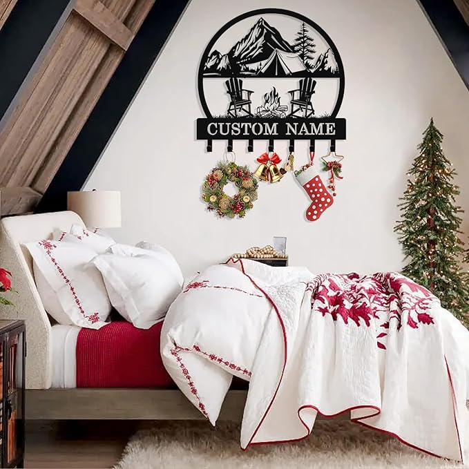 Personalized Camping Key Holder Wall Mount, Custom Metal Key Holder for Wall with Name, Custom Keys Rack Hanger with Hooks for Entryway, Front Door, Hallway, Living Room, Kitchen