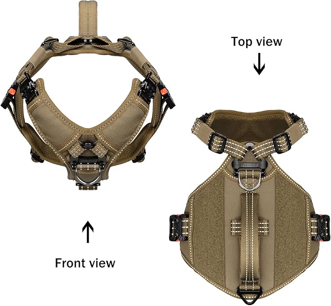 ICEFANG GN8 Tactical Dog Harness with 4X Metal Buckles for Small Sized Dogs,Reflective in Training Walking K9 Vest,No-Pull Front Leash Clip,Adjustable Pet Harness (Brown, Small (Pack of 1))