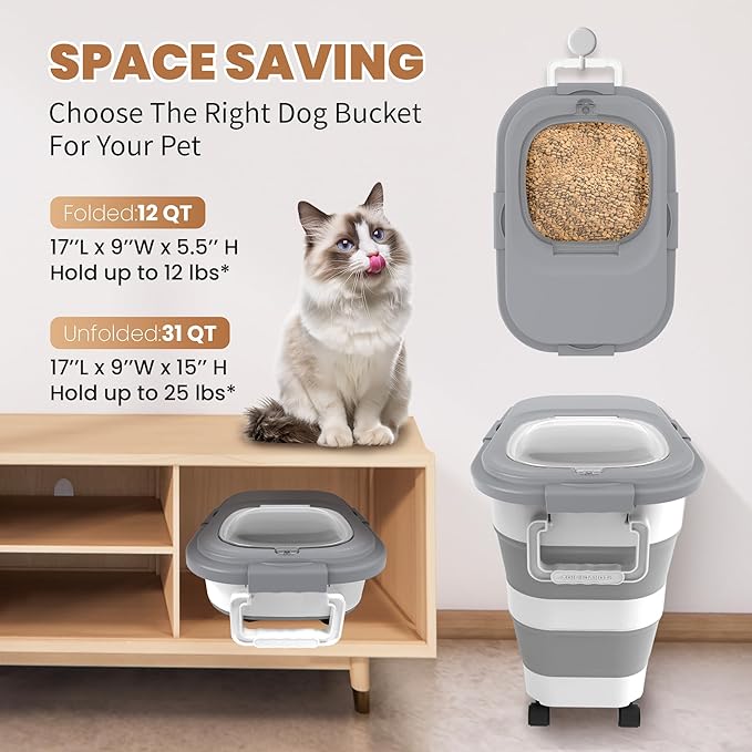 23-25 Lbs Airtight Dog Food Storage Container,Collapsible Pet food storage Container,All-in-One Cat Food Container Set with Scoops,Can Covers & Can Opener Spoons,Small Bin and Waste Bags