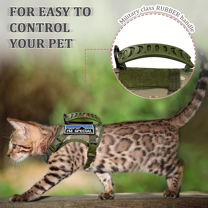 Tactical Cat Harness for Walking Escape Proof,Adjustable Pet Vest Harness,Soft Mesh Padding Large Cat,Small Dog with Quick-Release Buckle and Rubber Handle